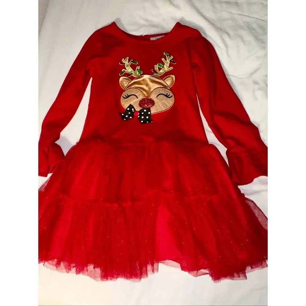 Counting Daisies Christmas Reindeer Lined Red Tulle Party Dress Girl's Size 5